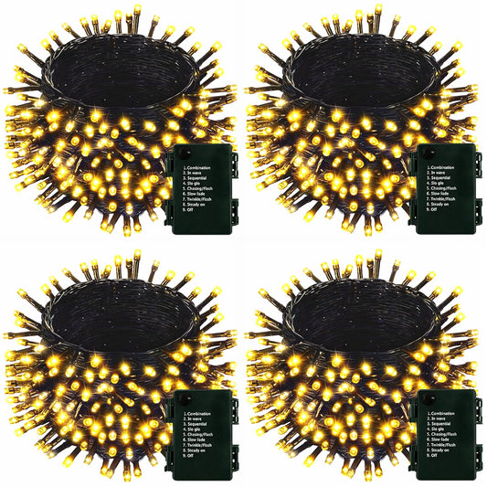 4 Pack 160FT 400 LED Battery Operated Christmas Lights Indoor/Outdoor with Timer & 8 Modes Green Wire Christmas Tree Lights Waterproof Fairy String Lights for Garden Christmas Decoration(Warm White)