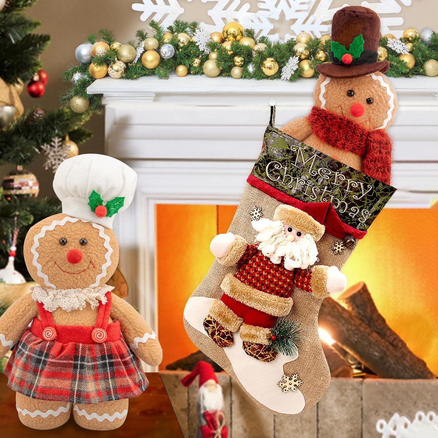 Christmas Decorations Indoor 12.6 inch Gingerbread Plush Ornaments Gingerbread Man Stuffed Animal Christmas Decor Gift for Kids Girls (Set of 2)