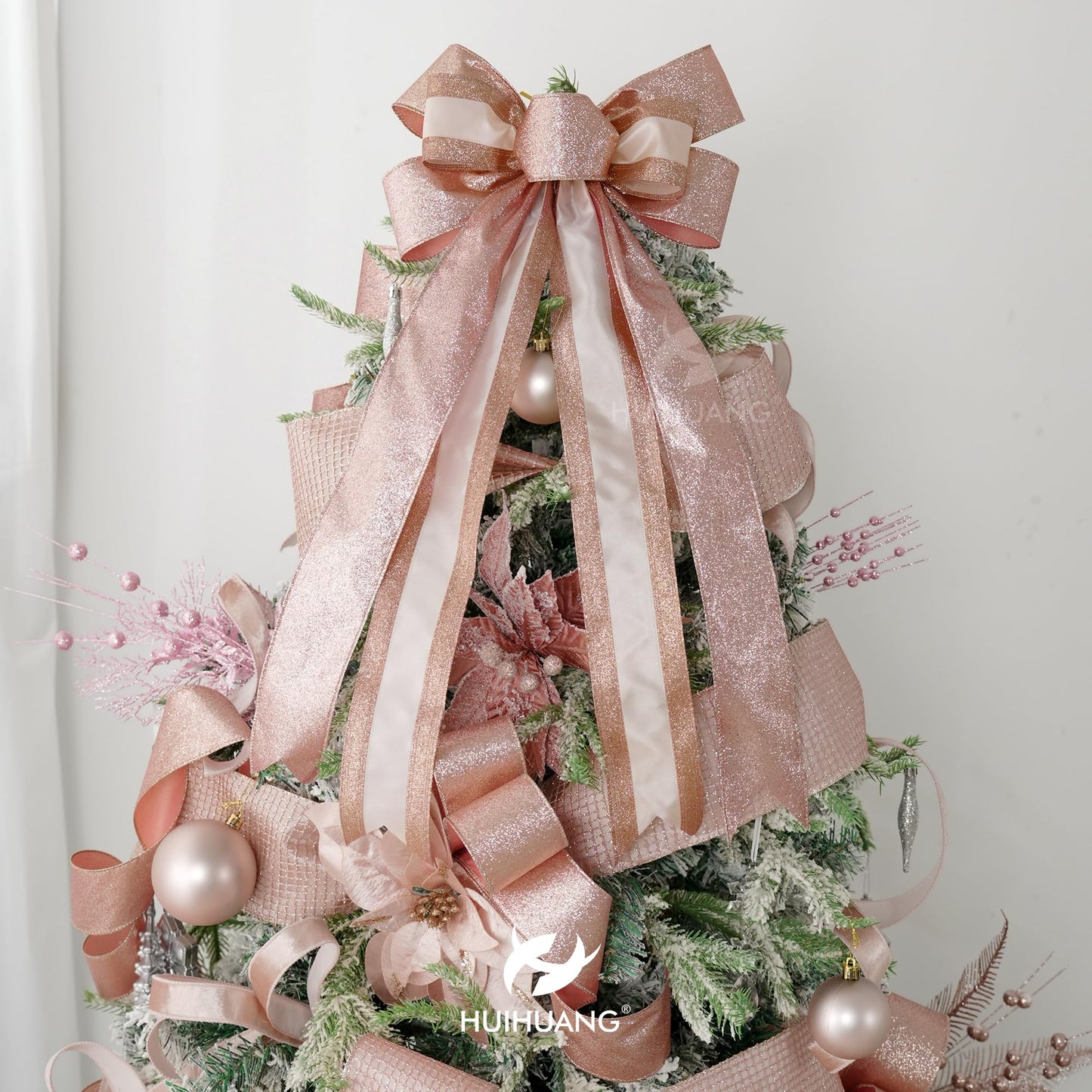 HUIHUANG Rose Gold Christmas Ribbon Wired Satin Ribbon with Glitter Stripe Edges 2.5 inch for Christmas Trees, Bows Making, Wreaths, Gift Wrapping Garland, Home Decor, Crafts -10 Yards