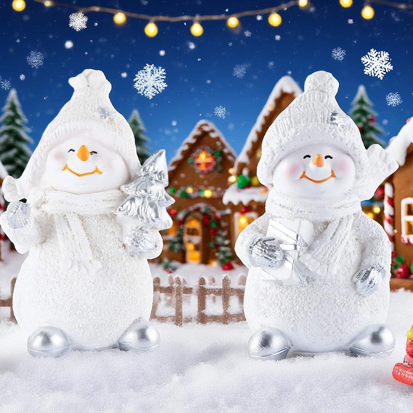 Brizoria Snowman Figurines Set of 2 White Resin Christmas Decorations with Silver Accents Winter Mantel Decor and Holiday Centerpieces for Table Home Indoor Tiered Tray Room Display
