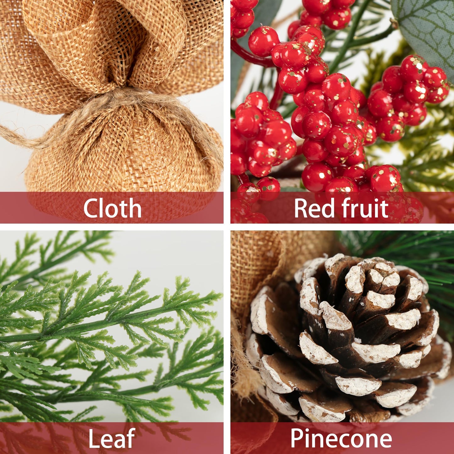 MINDELF 6 PCS Rustic Mini Christmas Tree Tabletop Set, Mixed Green Leaves, Red Berries and Pine Cones, 9 inch Artificial Trees with Burlap Bases, Ideal for Holiday Home Office Table Centerpiece