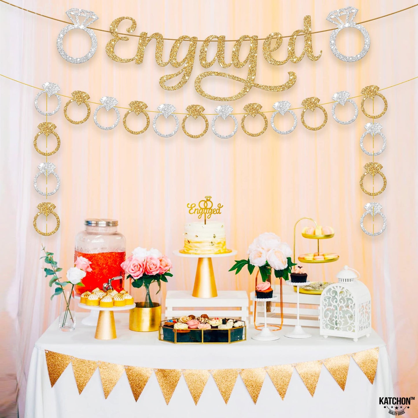 KatchOn, Pre-Strung Gold and Silver Glitter Engaged Banner - 2 String, 10 Feet, No DIY | Engagement Party Decorations | Banner for Bachelorette Party Decorations, Engagement Decorations, She Said Yes Decorations