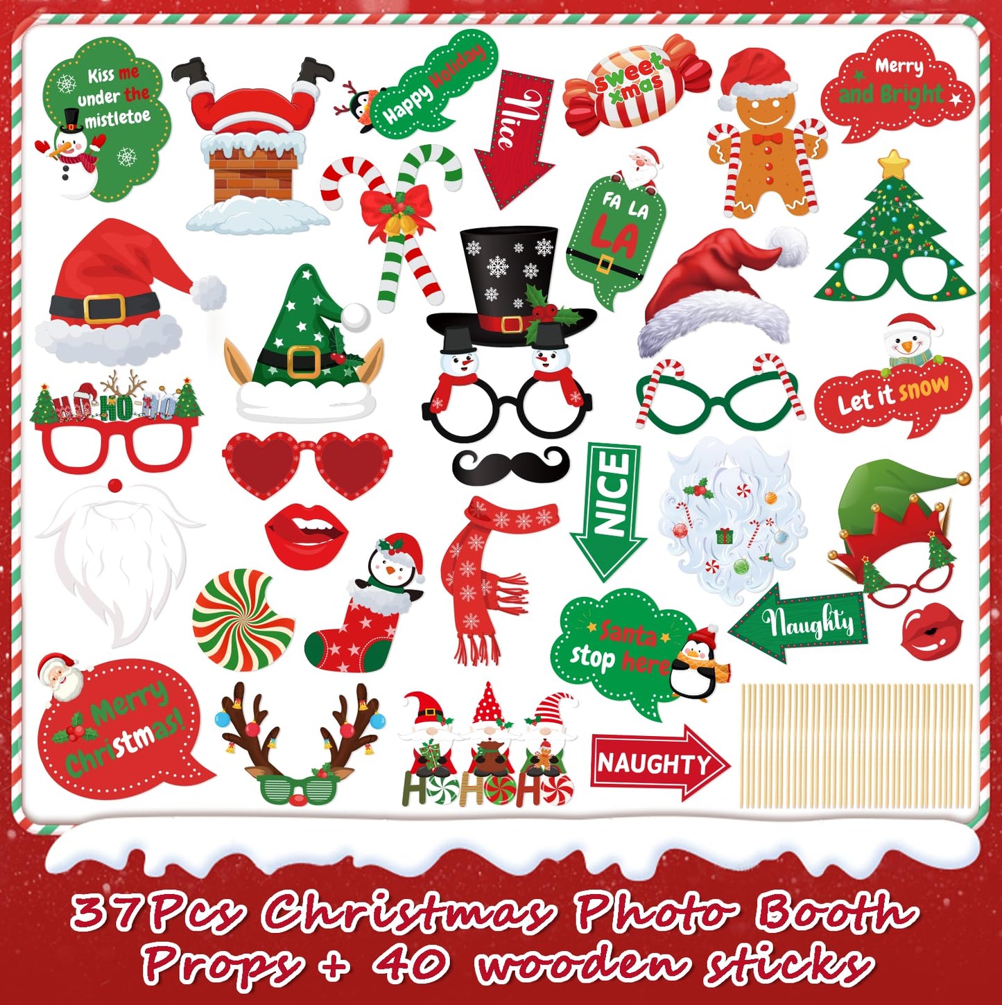 Christmas Photo Booth Props - 36Pcs Christmas Party Decorations Decor & Selfie Accessories, Fun Xmas Party Favors Gifts for Adults, Office Party Supplies