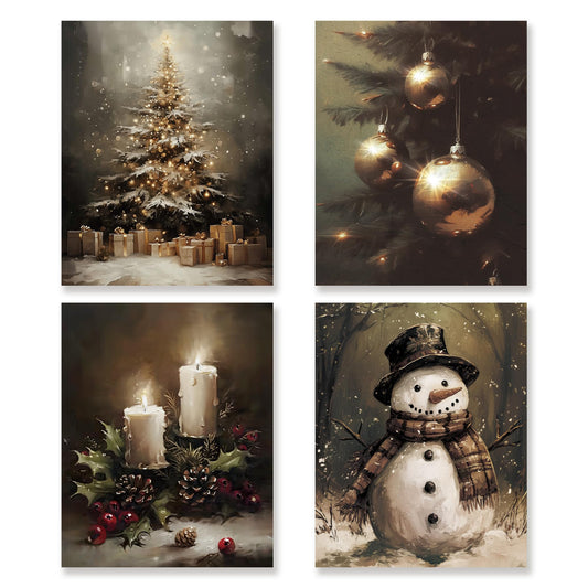 KSDUT Christmas Art Prints Decor Set of 4 - Vintage Retro Winter Holiday Xmas Artwork Poster Christmas Tree Snowman Wall Decor for Home Farmhouse Bedroom Gallery Decorations - 8"x10" Unframed