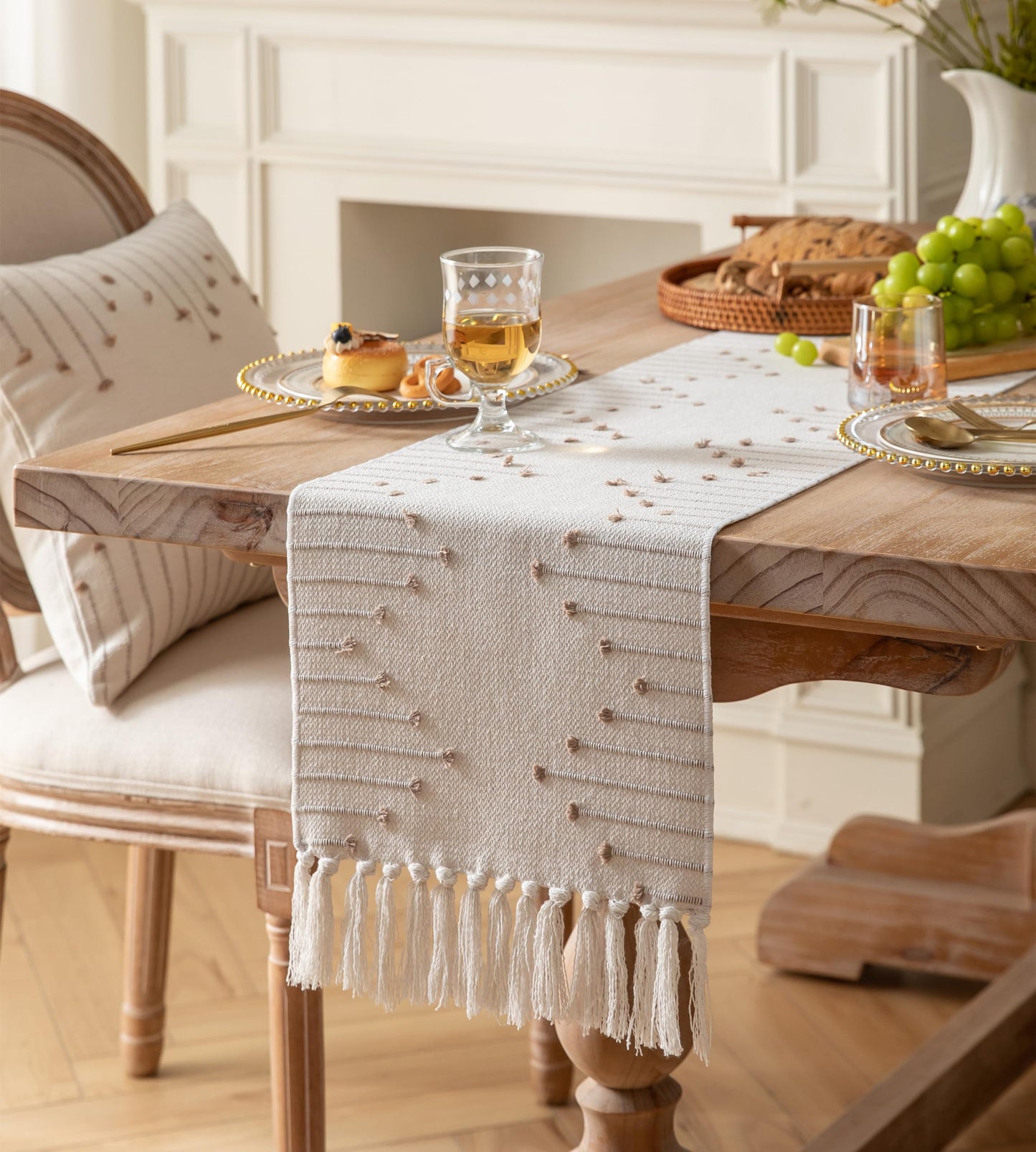 Boho Table Runner 13 x 90 Inch Long Natural Cotton Woven Runner with Tassels for Home Dining Table décor, for Modern Farmhouse Decor Coffee Table Runner, Taupe and Beige