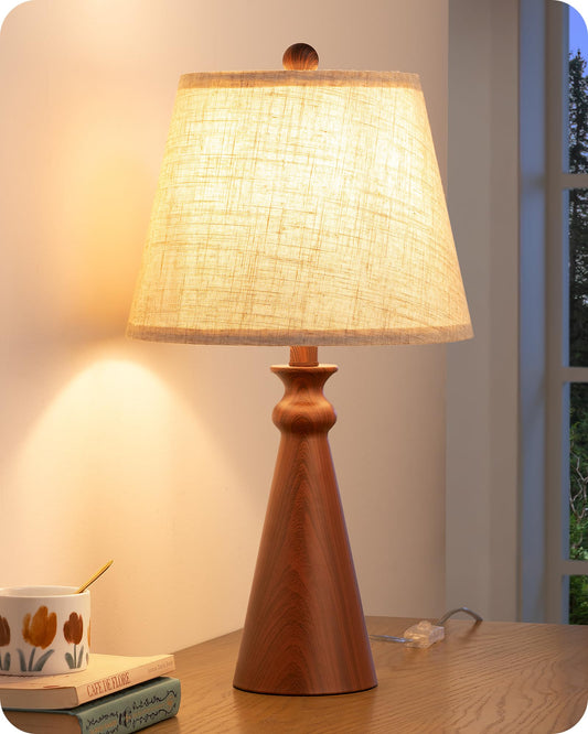 EDISHINE 21.85" Boho Table Lamp, Rustic Bedside Lamp, Water Transfer Red Wood Grain Metal Base, Beige Linen Shade, Farmhouse Nightstand Lamp for Living Room, Bedroom, Office, E26 Base