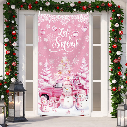MEHOFOND 35x71inch Let it Snow Christmas Door Cover, Winter Pink Snowman Front Door Decoration, Winter Wonderland Snowman Backdrop Holiday Christmas Birthday Baby Shower Party Decor Photo Booth Props