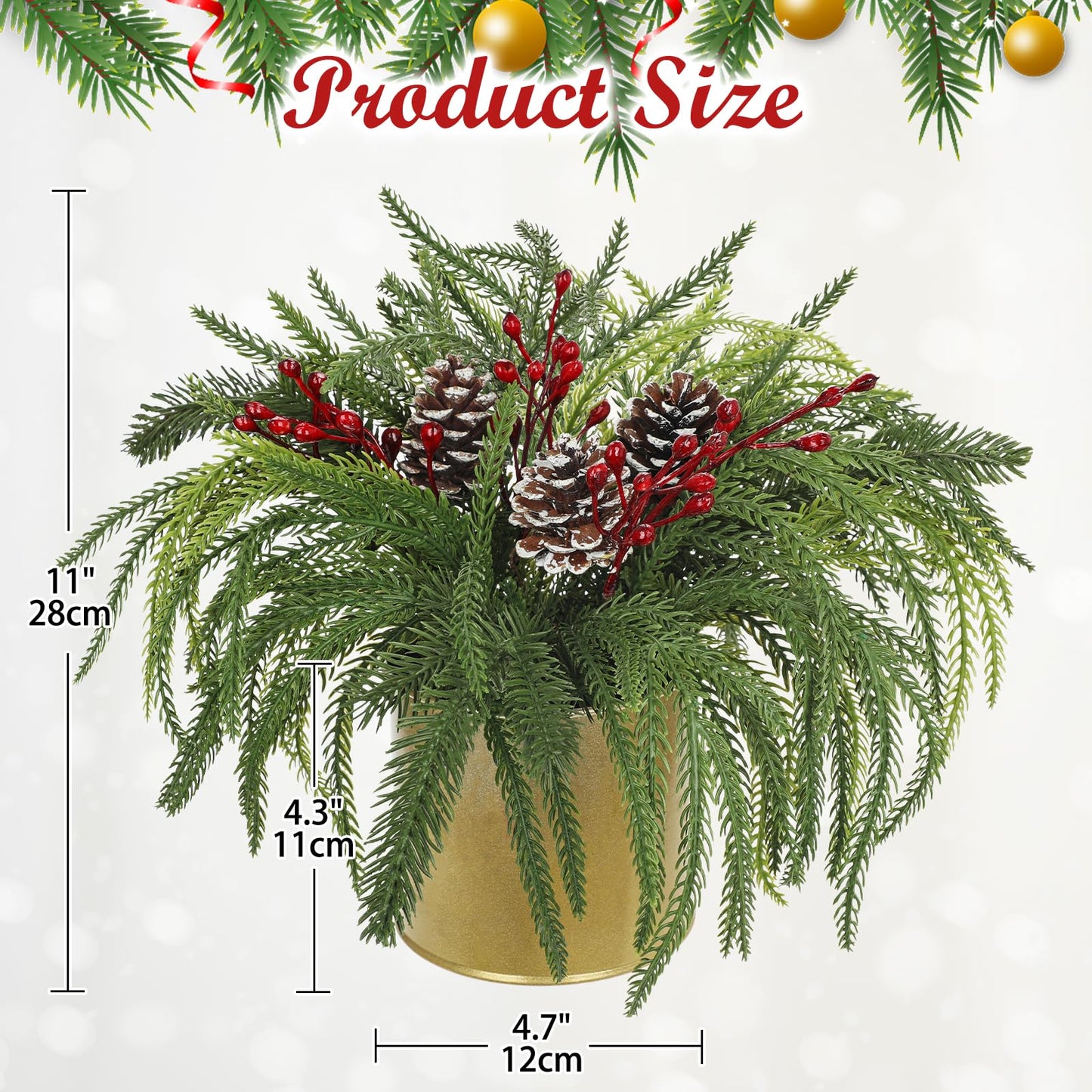 Briful Artificial Christmas Cedar Plant with Pinecones and Red Berries, 11'' Frosted Holiday Greenery in Gold Pot, Realistic Table Centerpiece for Home, Mantel, Office Christmas Décor