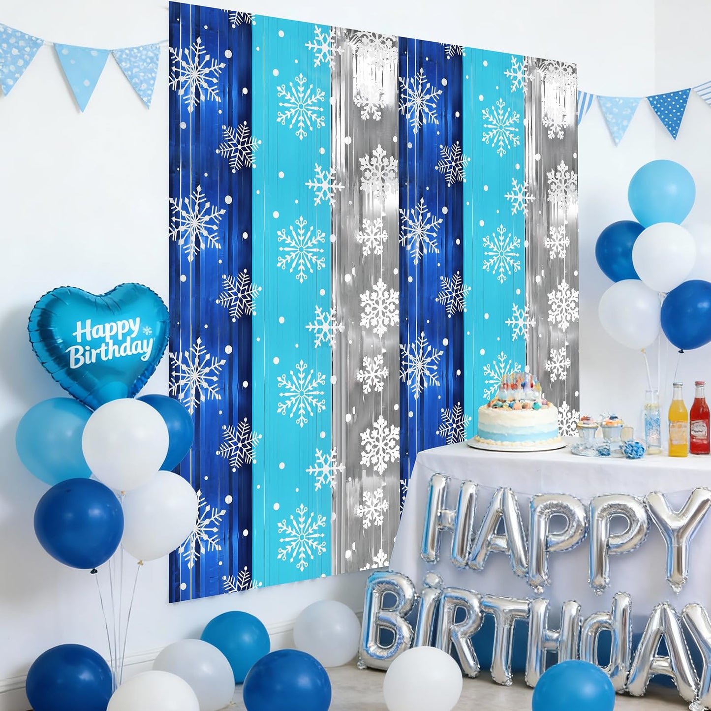 HOWAF 2 Pack Snowflake Foil Fringe Curtain, Winter Frozen Decoration, Blue Silver Winter Christmas Tinsel Foil Fringe Photo Booth Backdrop, Wonderland Tinsel for Birthday Party 3.2 * 6.5ft