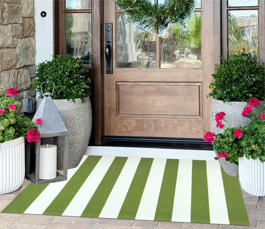 Front Porch Rug 24"x51",Green and White Striped Outdoor Rug Layered Doormat Cotton Woven Washable Indoor Outdoor Farmhouse Small Area Rug for Porch/Entryway/Home Entrance Decor