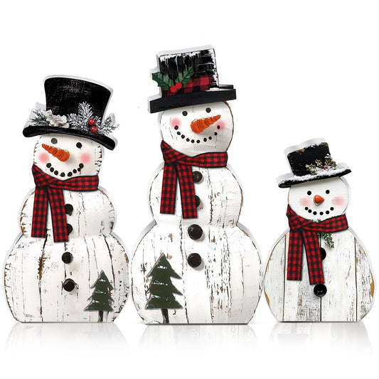 Barydat 3 Pcs Christmas Snowman Wooden Decorations Rustic Snowman Table Centerpieces Block Sign for Xmas Holiday Party Winter Indoor Home Kitchen Office Room Decorations