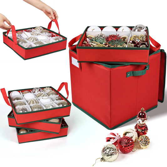 Christmas Ornament Storage Box High Capacity Decoration Organizer Holds Up to 64 Ornaments Decoration Balls Holiday Storage Case with Lid Large Foldable Storage Case for Sundries or Clothes (Red)
