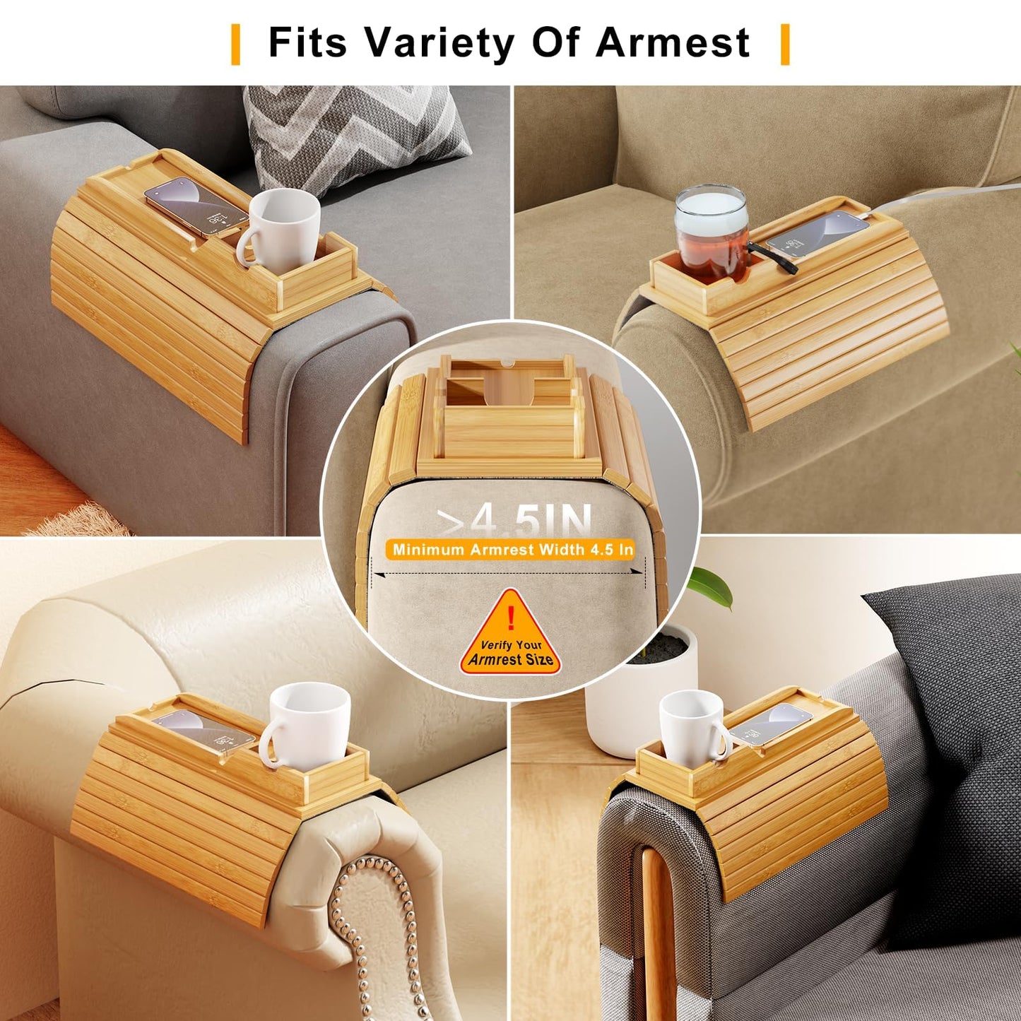 Bestjing Bamboo Sofa Armrest Tray - Couch Arm Tray with Detachable Couch Cup Holder - 2 in 1 Anti-Slip Foldable Sofa Armchair Caddy Table for Drinks Cellphone TV Remote Snacks