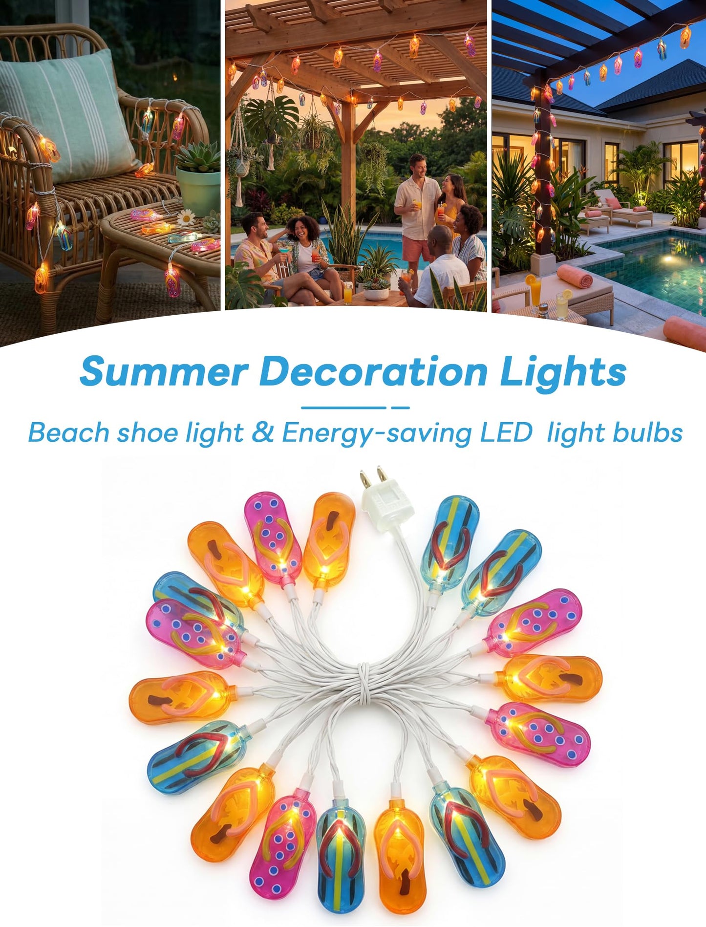 Slipper String Lights, 8.5FT 10 LED Beach Themed Lights with UL Certified Plug, Waterproof Tropical Party Decorations for Patio, Warm White Hawaiian String Lights for Garden Backyard Bedroom Decor