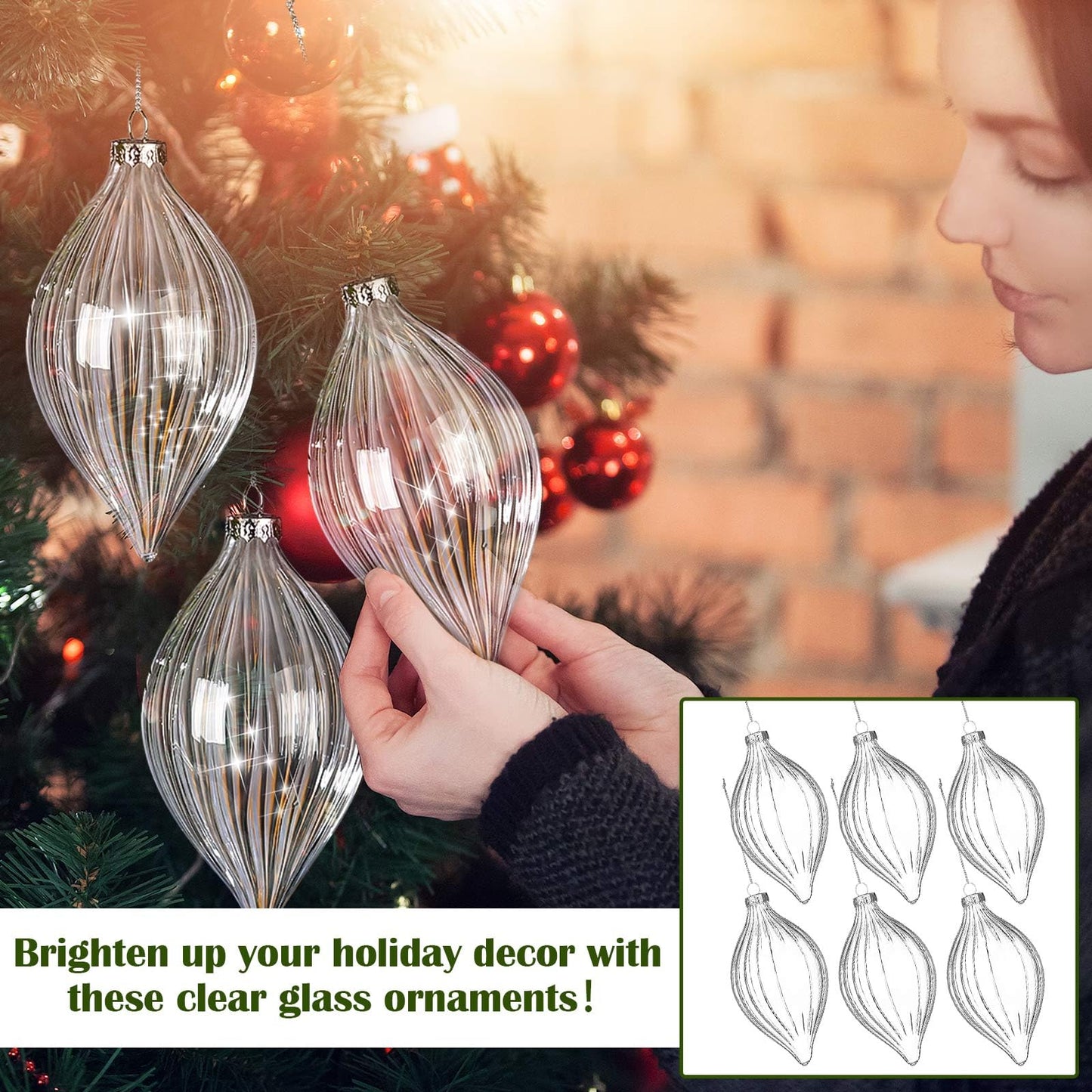 Sumind 6 Pcs 5.8" Glass Christmas Ornaments Hand Blown Glass Ornaments Crystal Balls DIY Clear Hanging Decorations with Metal Hook for Winter Xmas Tree Window Elegant Luxury Decor Gift(Stripe Style)