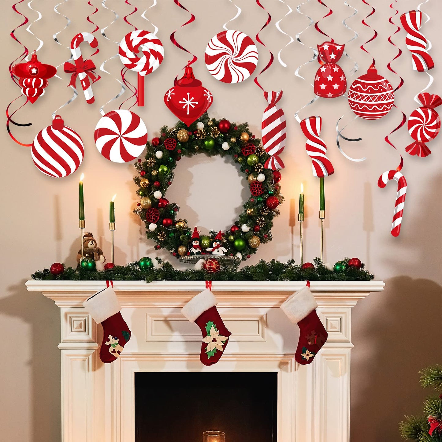 Funrous 56 Pcs Christmas Peppermint Candy Hanging Swirls Decorations Red and White Holiday Party Streamers for Home Winter Holiday Christmas Party Decor(Red White)