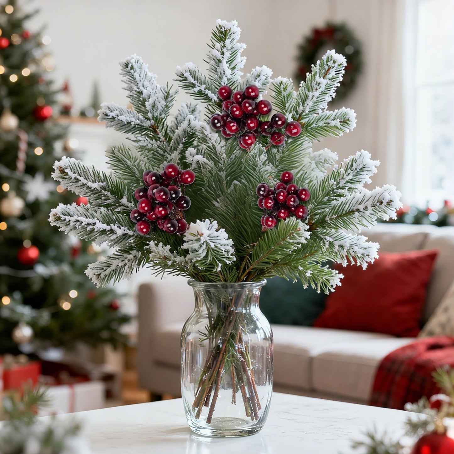 hoyuwak Burgundy Christmas Ornaments - 100 Pcs Artificial Holly Berries on Wire Stems for DIY Christmas Decor, Wreaths, Wedding, and Party Decoration