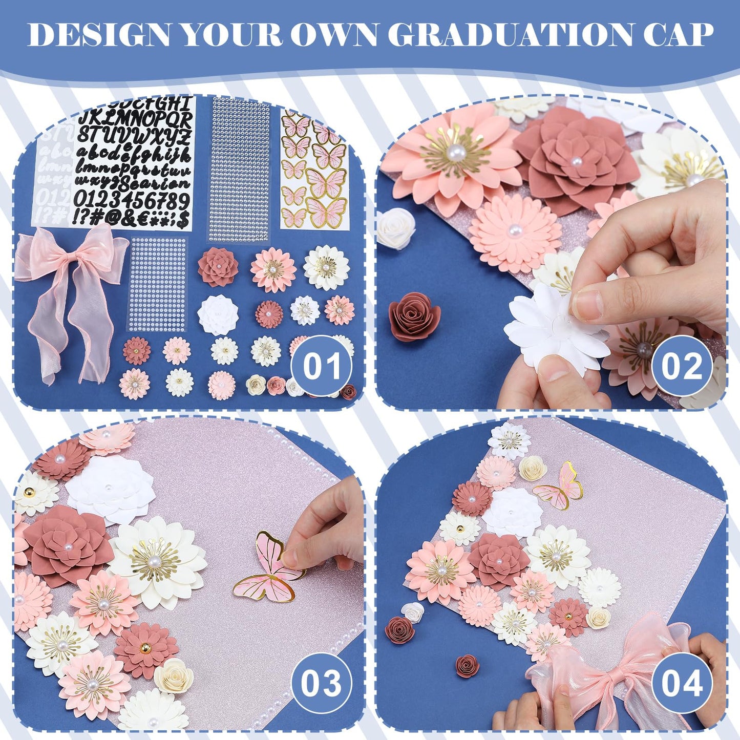 MotiMind 46 Pcs DIY Graduation Cap Decorations Kit Included Paper Flowers, 3D Butterfly Stickers, Rhinestone, Letter, Pearl Stickers, Mesh Ribbon Bow for DIY Grad Cap Decor(Pink)