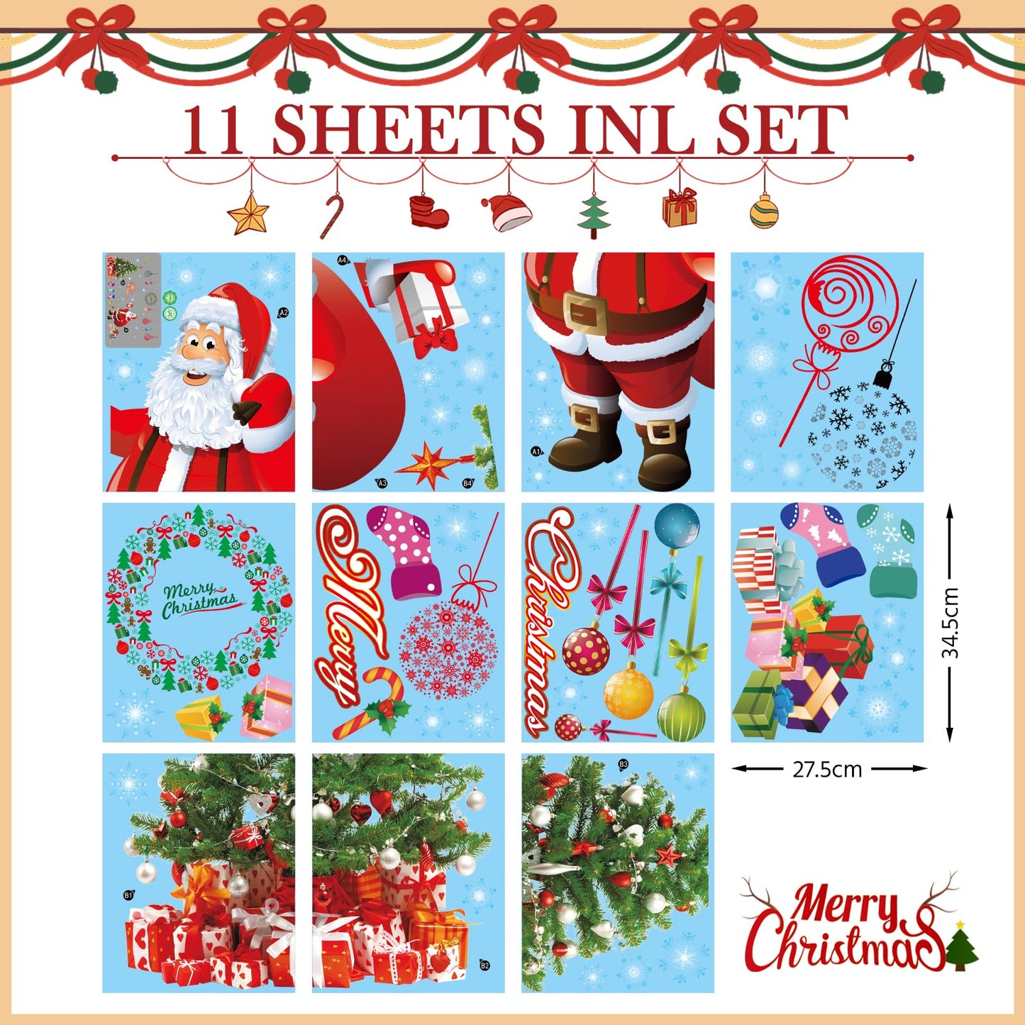 DIY Christmas Windows Clings Stickers Wreath Snowflakes Large Santa Claus Xmas Tree Wall Window Door Mural Decals Static Sticker for Office Winter Party Decorations (11 Sheets)