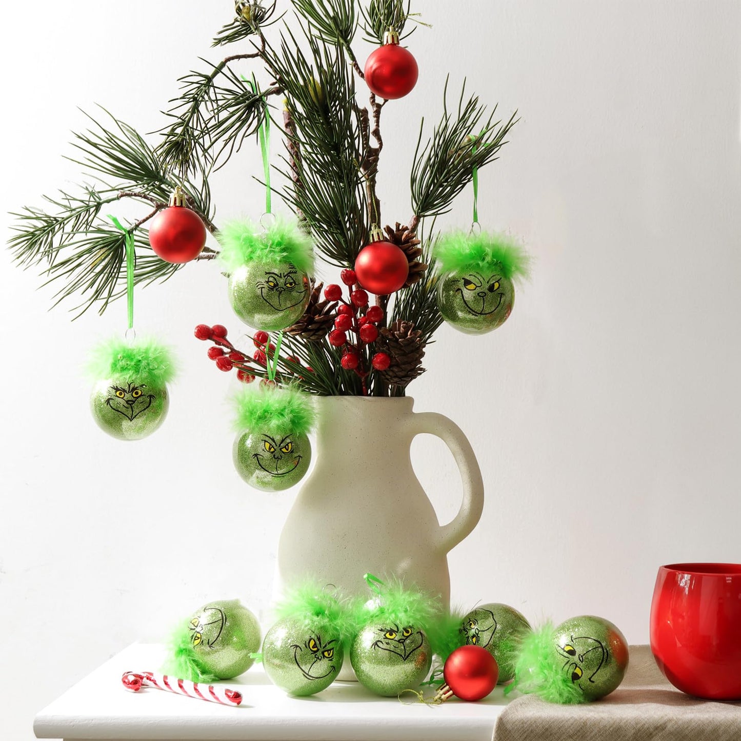 Bunny Chorus Christmas Decorations Indoor: 12pcs Cute Green Elf Christmas Tree Ornaments with Fuzzy Hair, Hanging Thief Monster Xmas Balls for Tree Fireplaces Garland, Kids Home School Office Decor