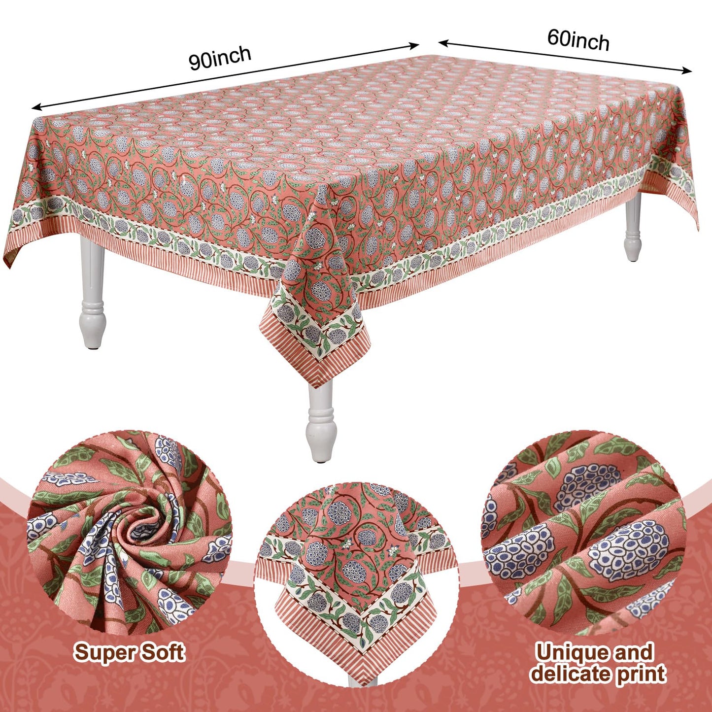 Newtay 60'' x 90'' Hand Block Print Mahjong Table Cloth Square Cotton Floral Tablecloth Washable Print Rectangle Table Cover with Dust Proof for Kitchen Dining Party(60'' X 90'',Dark Salmon,Pink)