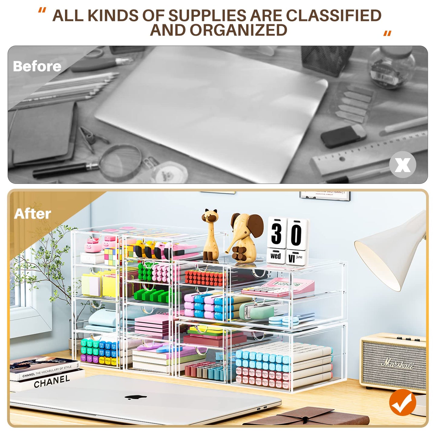 caktraie Makeup Organizer Storage With 16 Drawers, 4 Pcs Desktop Office Supplies, Desk Organizers, Clear Accessories, Dustproof Storage Drawer and for Make Up, Jewelry, Pen, Stationary