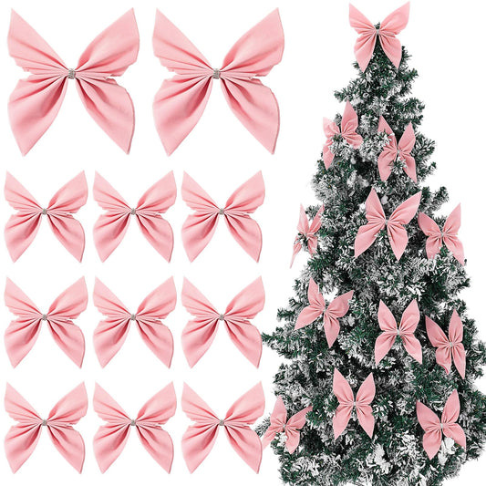Fiwochic 12 Pcs Velvet Christmas Bows Ornaments for Tree, 7.8 Inch/5.9 Inch Butterfly Bows Topper Decor Vintage Ornaments for Xmas Tree Home Wedding Holiday Birthday Garland Wreaths(Pink)