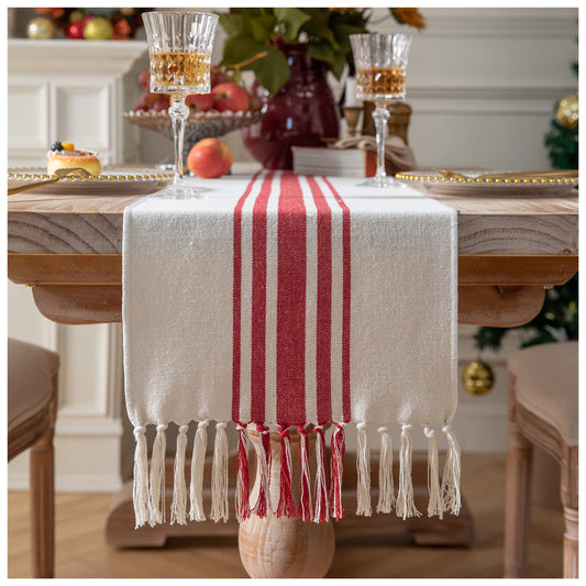 Christmas Table Runner 13 x 72 Inch for Dining Table, Boho Christmas Decorations, Coffee Table Runner with Handcrafted Tassels, red and Beige Stripe Table Runner for Holiday, Winter