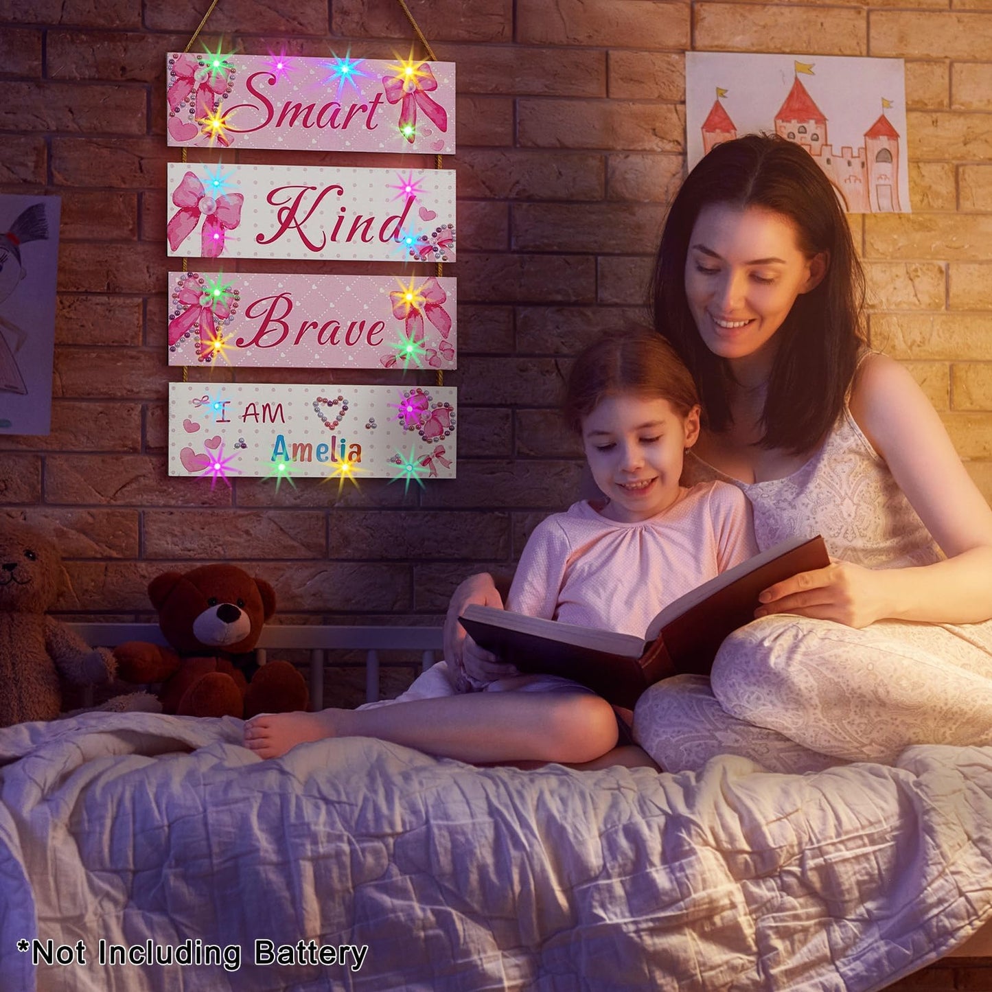 Unicorn Castle Girls Room Decor with LED Light Inspirational Motivational Room Decor for Teen Boys Wall Decor Art with Sticker for Nursery, Pink Bow