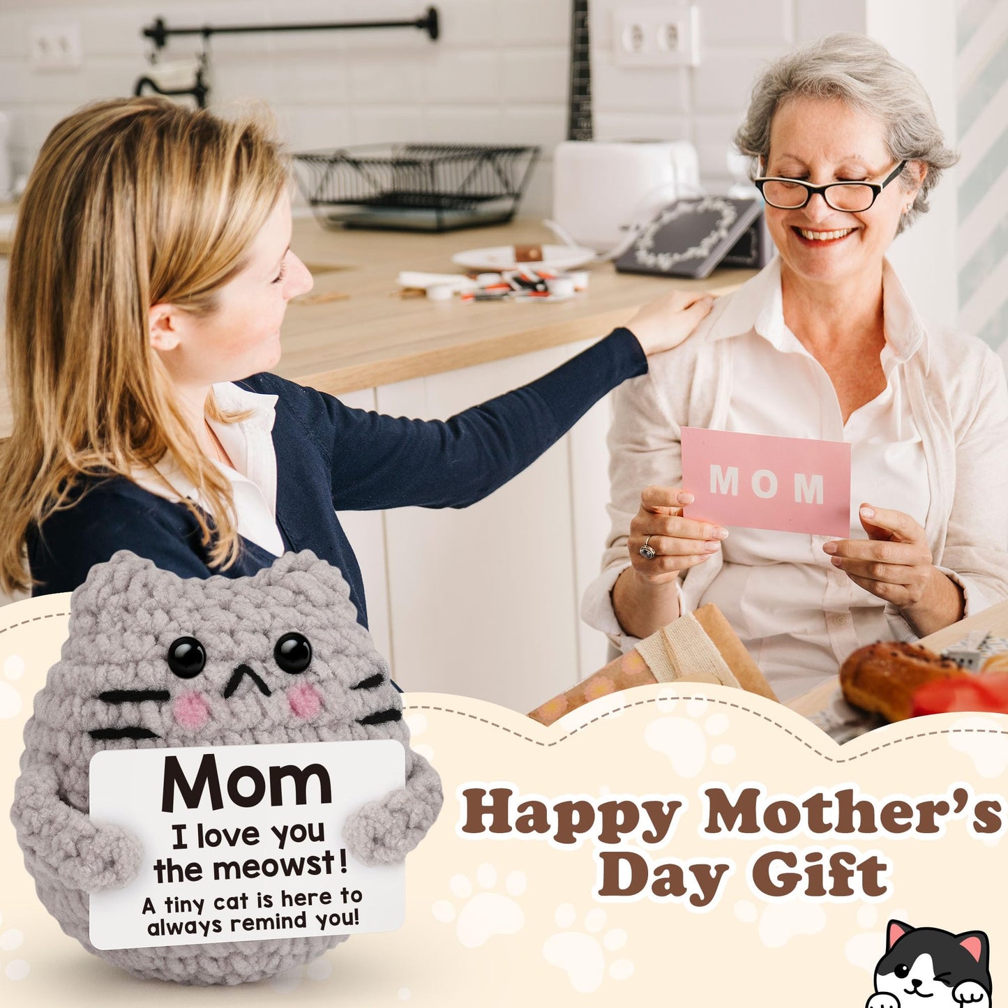 tGifGLonyi Mothers Day Crochet Cat Gifts for Mom from Daughter Son Cute Birthday Gift for Moms Mother Mama, Love You Best Moms Ever Gift for Mother's Day Decoration