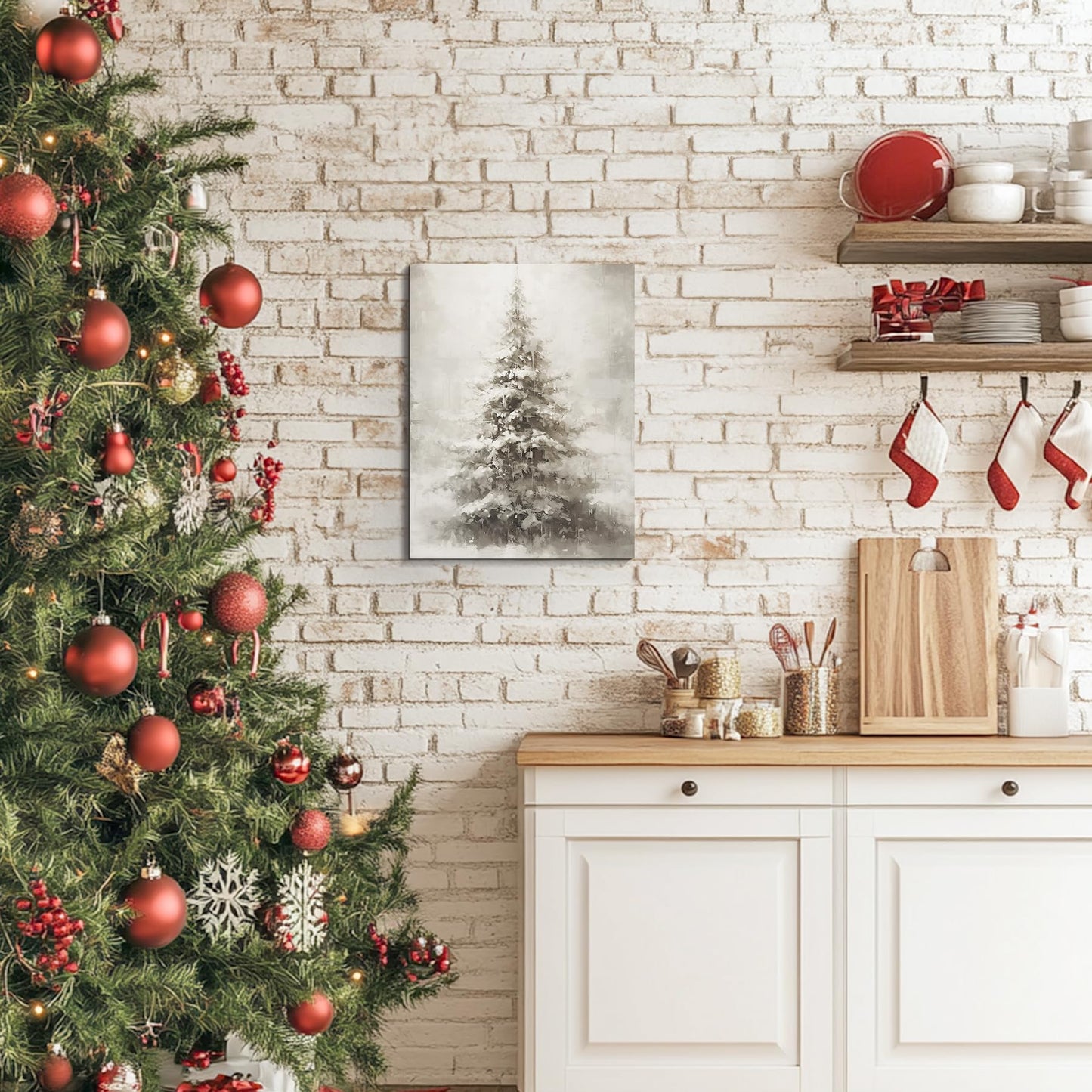FISWAFY Christmas Tree Wall Art, Rustic Winter Snowy Christmas Tree Canvas Wall Art Prints, Christmas Wall Decorations, Christmas Poster Pictures Wall Decor for Home Office, 11x14 Inch Framed