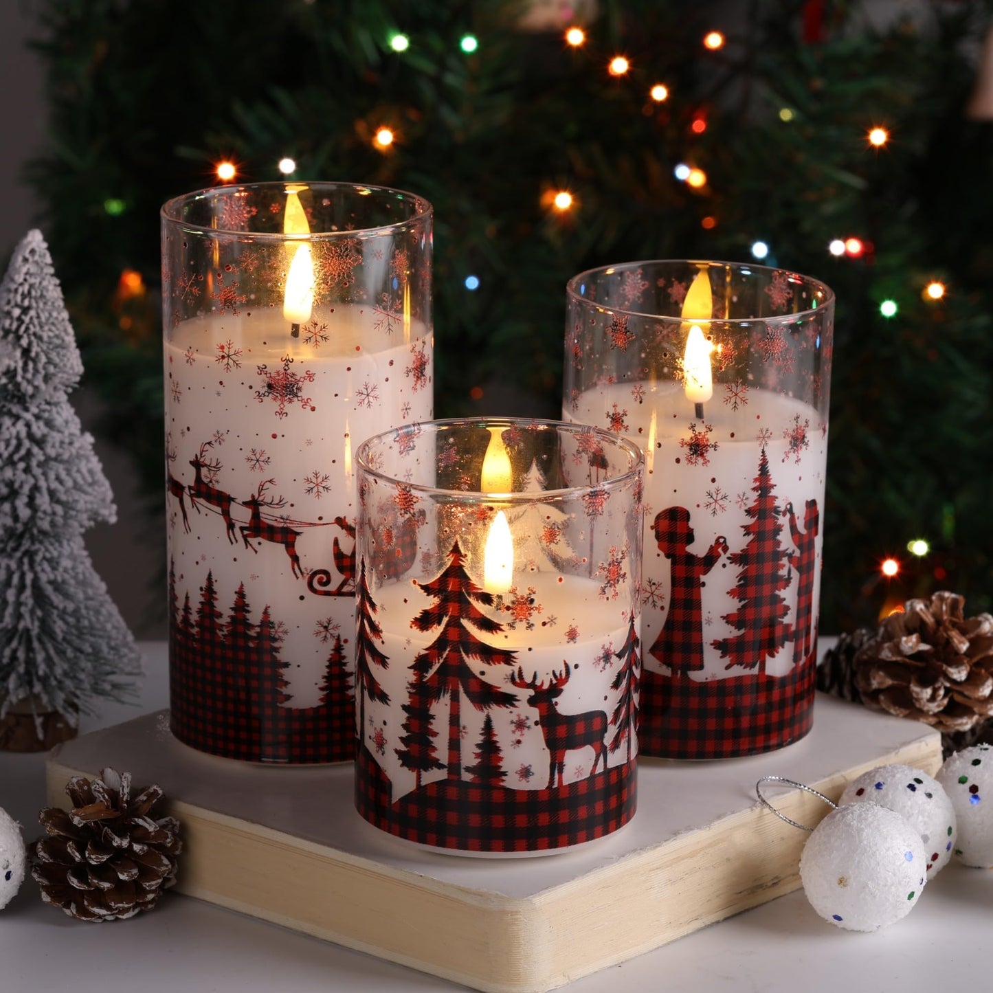 Eywamage Christmas Flameless Pillar Candles with Remote, Red Buffalo Plaid Table Decor, Flickering LED Pillar Candles Set of 3