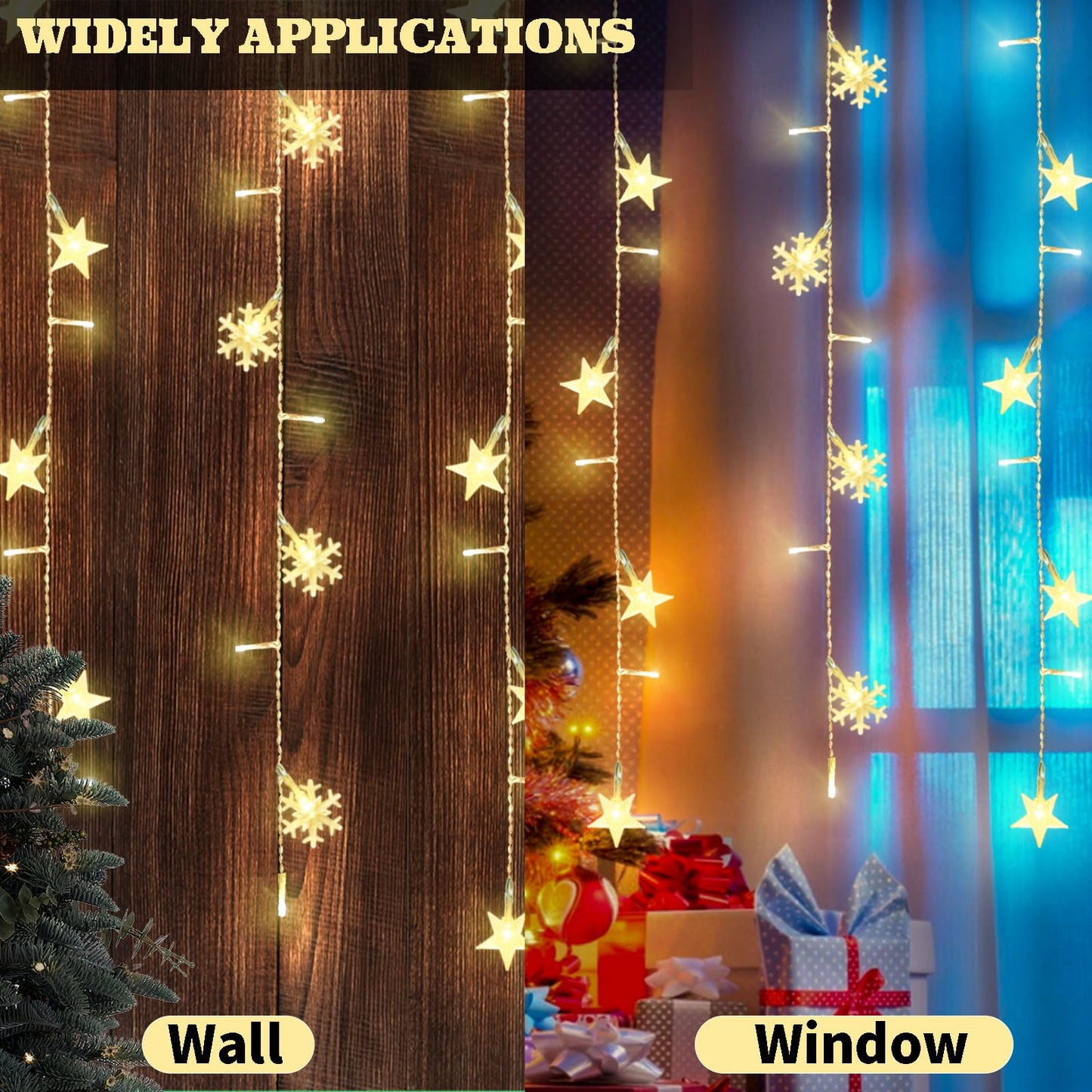 Newhale 8 Modes Christmas Curtain String Lights with Snowflake and Star, USB Plug in Wall Lights Christmas Decorations Indoor, Xmas Window Light Decor, Warm White