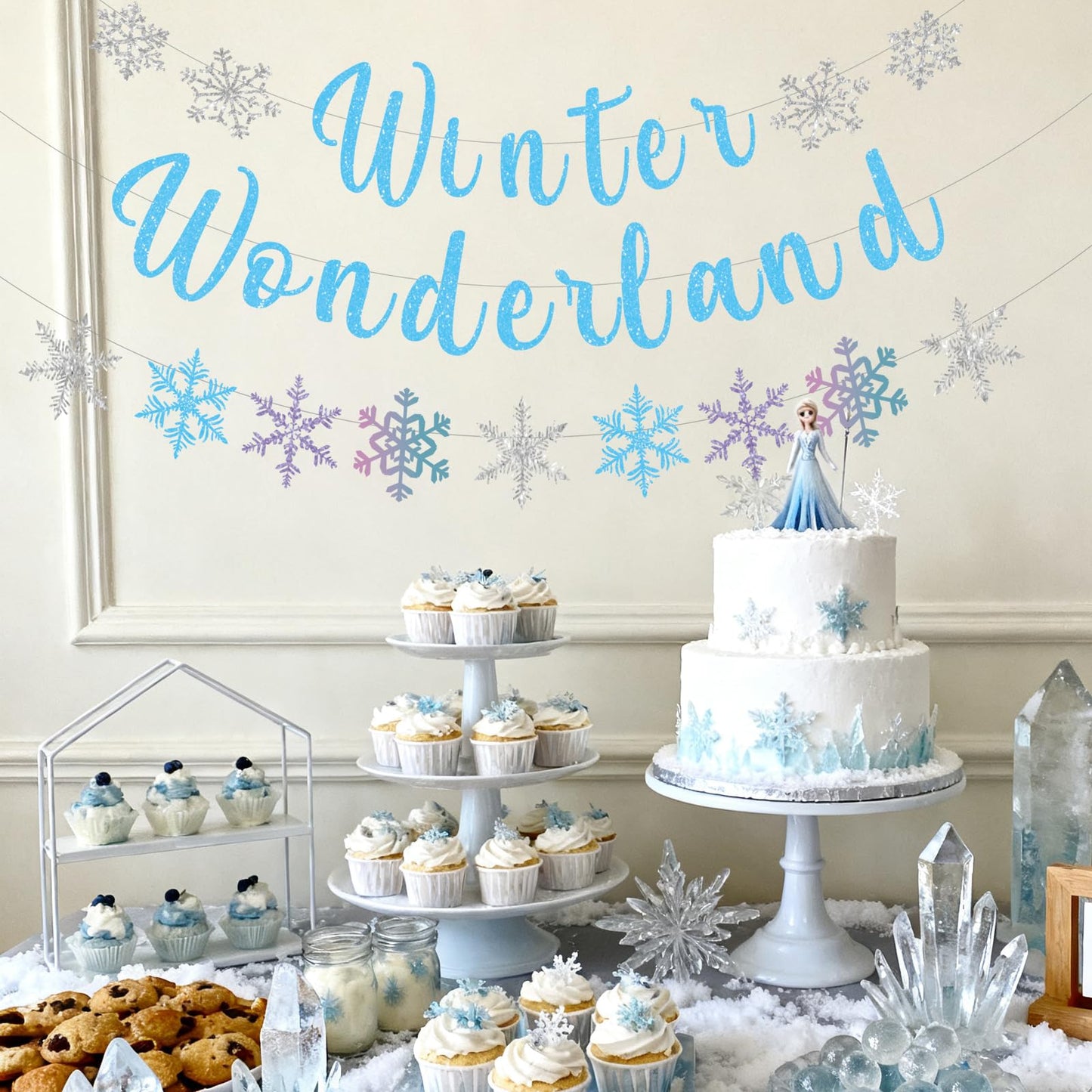 Pre-Strung Winter Wonderland Banner Glitter Snowflake Garland Christmas Decoration Banner for Home Wall Mantle Decor Winter Holiday New Year Party Supplies (Blue)