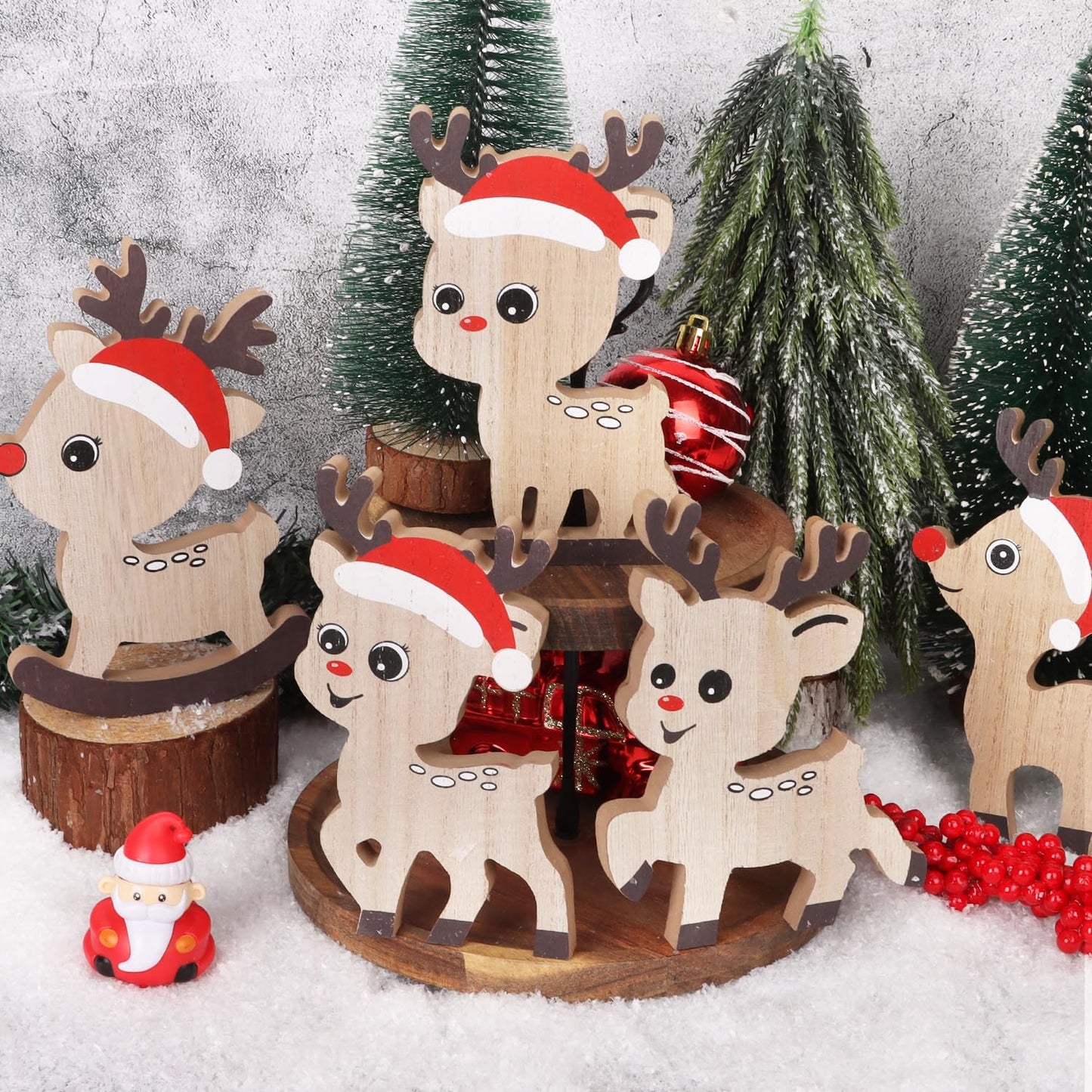LOMIMOS 5 PCS Cute Christmas Tiered Tray Decor Indoor,Tabletop Reindeer Christmas Decoration Wood Sign Centerpiece Rustic Tabletop Decor for Xmas Winter Holiday Home Mantel Office Display