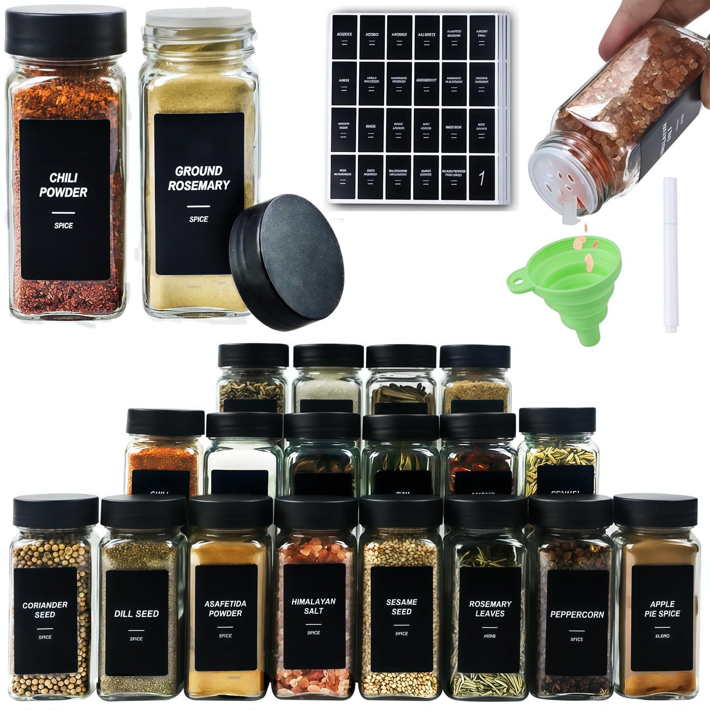 JARXSUN 24Pcs Spice Jars Containers with Labels，4oz Black Seasoning Bottles with Shaker Lids for Rack, Cabinet, Drawer,Empty Square Condiment Pots (24, Black)