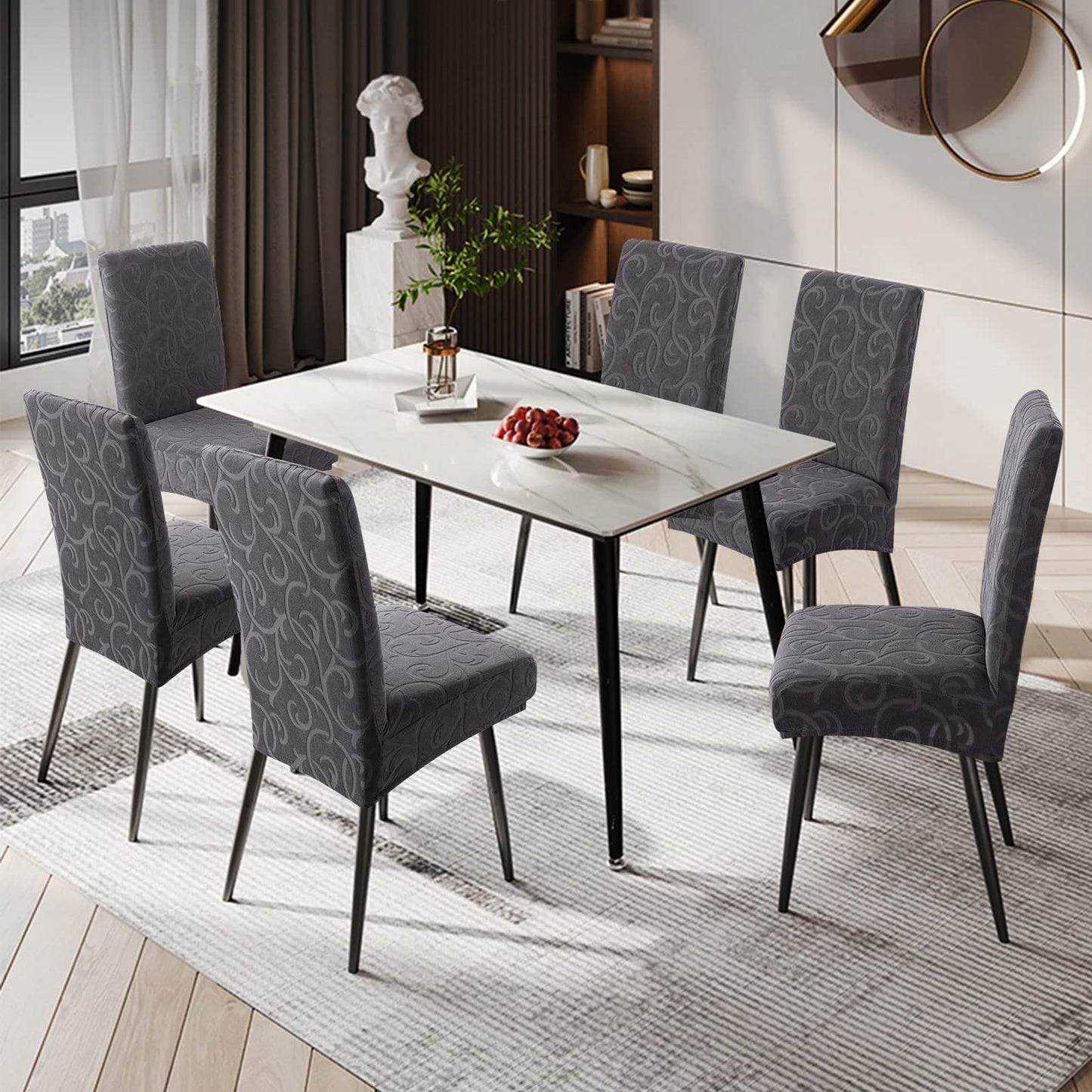 Genina Waterproof Dining Room Chair Covers Stretch Parsons Chair Slipcovers for Dining Room Kitchen Chair Protector Cover, Removable, Washable (4, Flower Pattern-Dark Gray)