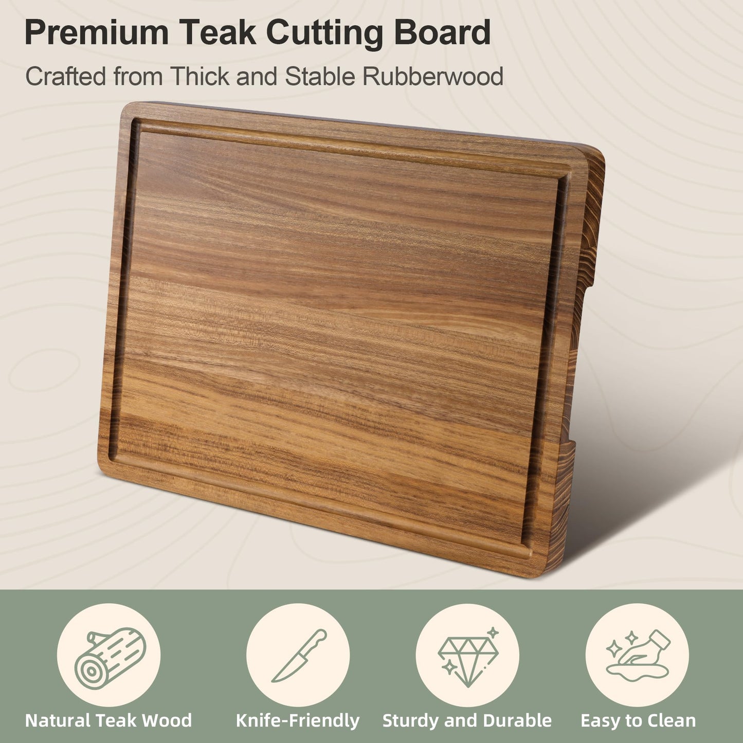 Teak Wood Cutting Board for Kitchen, Wooden Cutting Board with Juice Groove and Handles, Chopping Board Butcher Block for Meat, Vegetables, Bread and Cheese, 15.8 x 11 x 0.8 inch