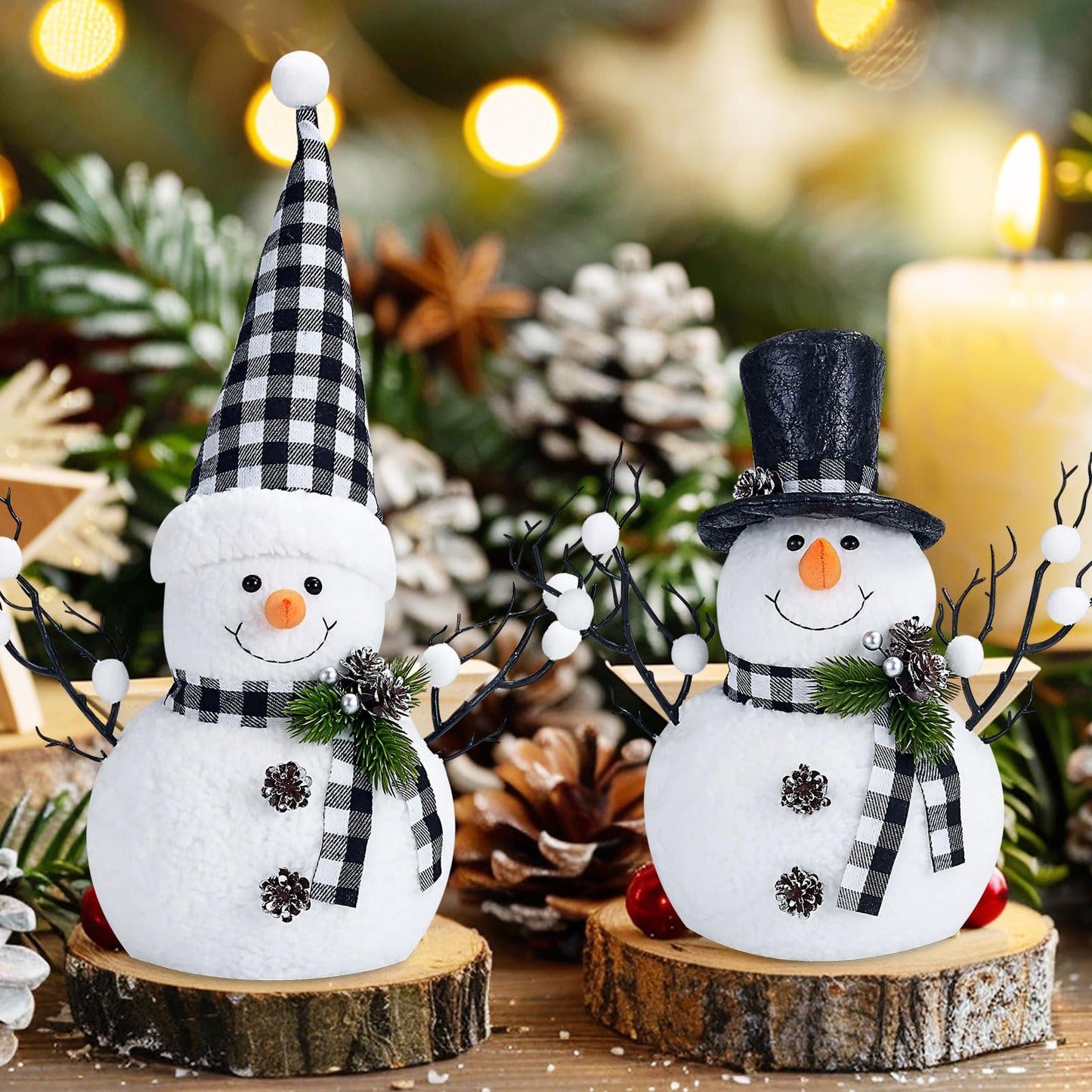 MWDJPXY 2 Pack Black and White Christmas Decor, 14" Lighted Snowmen Tree Buffalo Check Plaid Farmhouse Decorations, Table Centerpieces Rustic Gifts Tiered Tray Decor with for Christmas Party