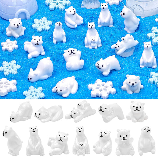 Feivando 40 Pcs Mini Resin Polar Bear Figurines with Snowflakes Tiny Little Winter Resin Animal Miniature Figures for Holiday Crafts Garden Micro Landscape Home Table Decor