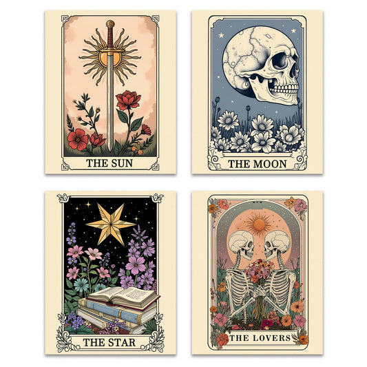 GTYNU Witchy Gothic Tarot Card Wall Art Decor Prints Set of 4, Vintage Boho the Sun Moon Star Reader Goth Skull Skeleton Tarot Posters Pictures Wall Decor for For Living Room Bedroom, 8x10 Unframed