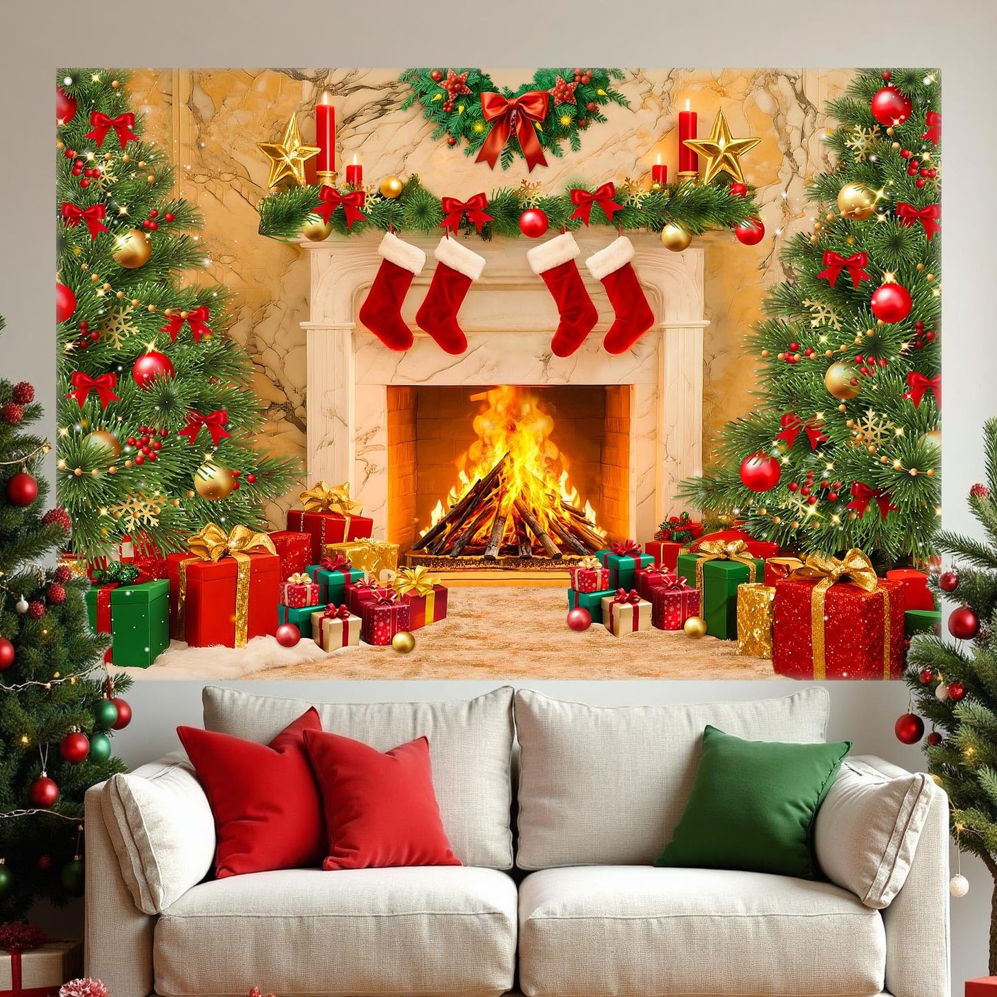 Christmas Backdrops for Photography, Fireplace Photo Backdrop for Wall Photoshoot, Xmas Background Holiday Party Tree Red Socks Gifts Decorations 7x5FT