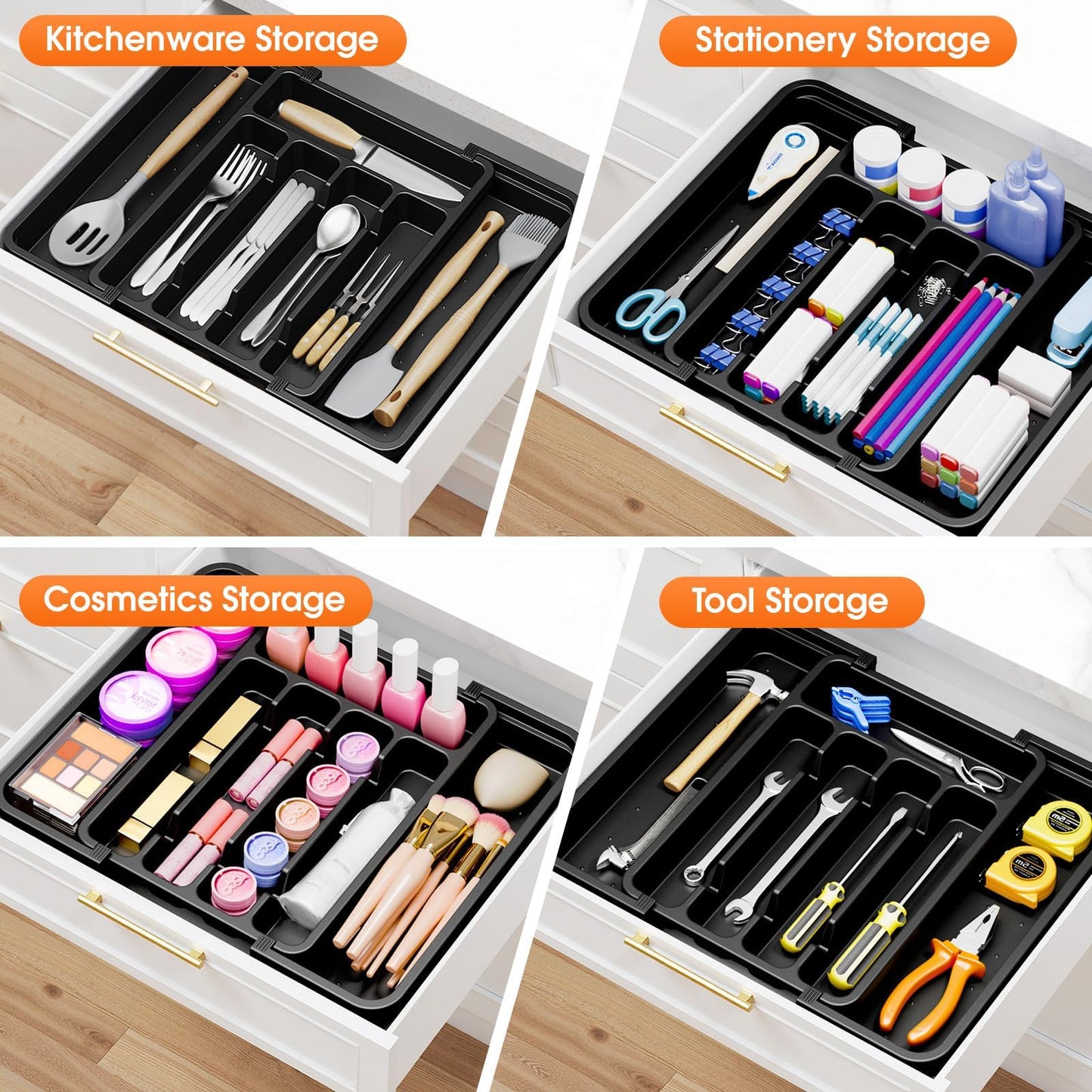 SpaceHacks Silverware Organizer，Adjustable & Expandable Utensil Drawer Organizer, BPA Free Utensil Holder, Cutlery Tray for Forks, Spoons, Knives in Kitchen, Medium, Black