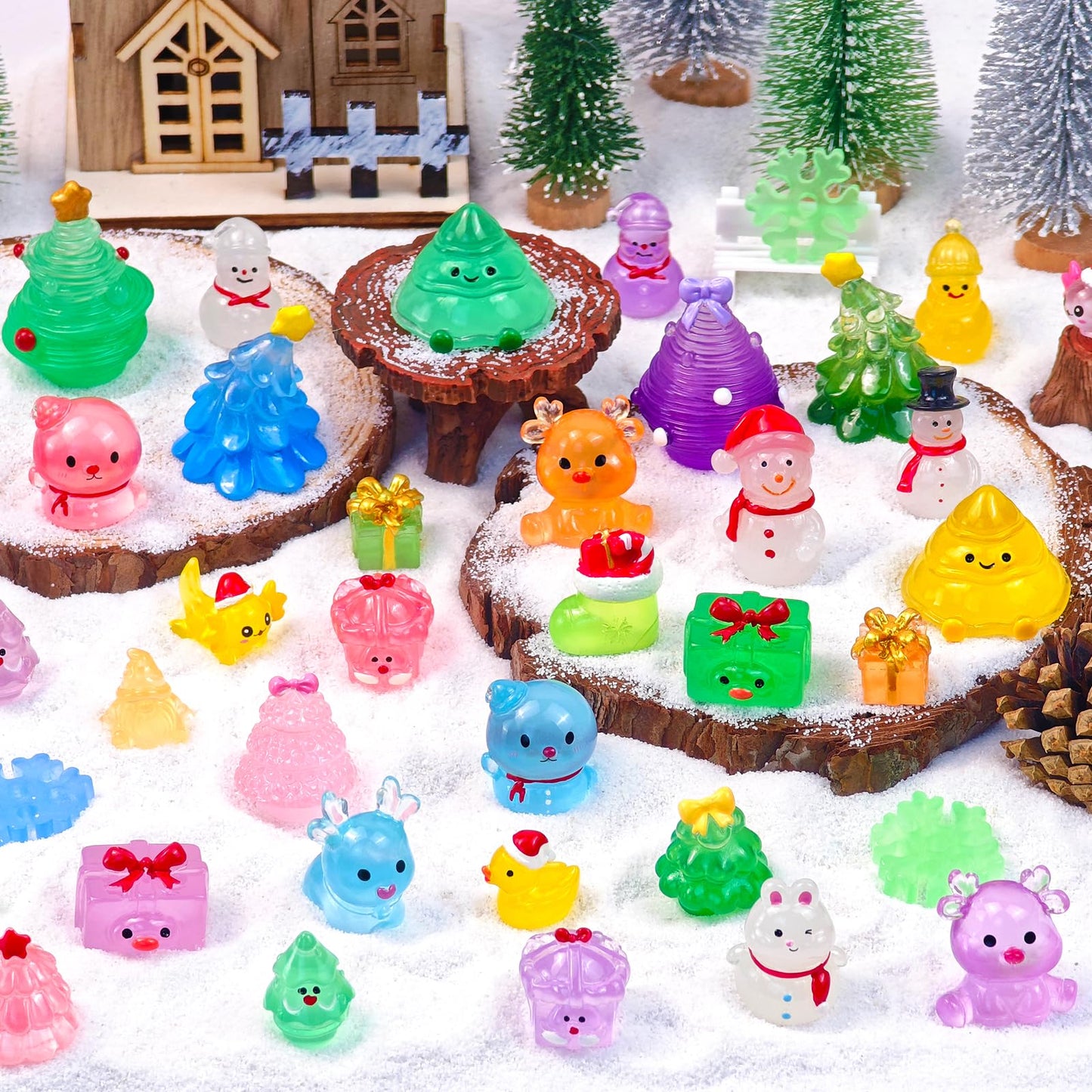 Feivando 52 Pcs Luminous Mini Christmas Figurines Glow in The Dark Tiny Little Resin Snowman Miniature Figures for Xmas Holiday Crafts Garden Micro Landscape Party Home Table Decor