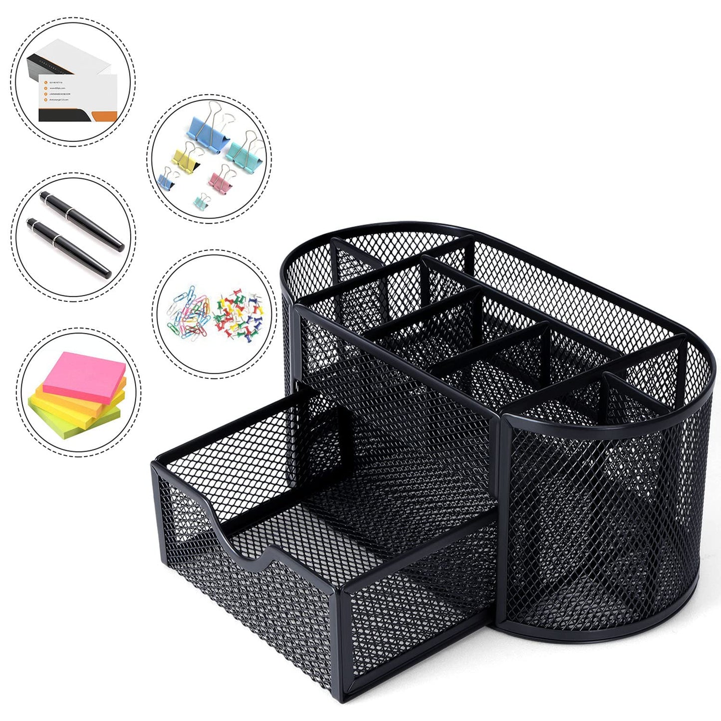 Byjoph Black Mesh Pen Holder Desk Organizer Cute Office Supplies Pencil and Marker Organizers Oval Desk Caddy with 8 Compartments and 1 Drawer Workspace Accessories for Office School Home