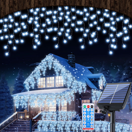 Retisee 65ft Cold White Solar Icicle Christmas Light for Outdoor Decorations 600 LED Waterproof Xmas Curtain String Light Solar Powered Icicle String Lights for Outside Indoor Yard Porch Hanging Decor
