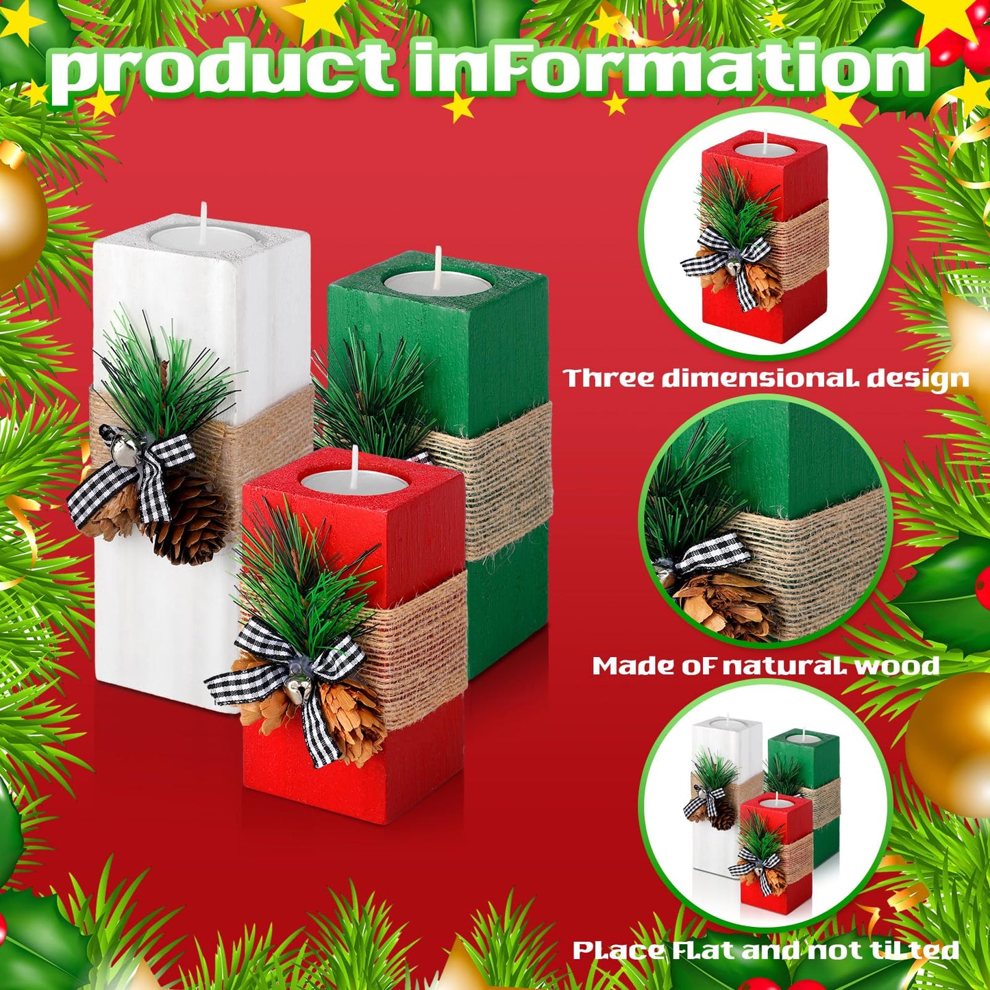 Sliner 3 Pcs Christmas Candle Holders with Candles Wooden Xmas Tealight Candle Holders Decorations Red White Green Votive Wood Candlestick for Christmas Table Centerpiece Decor Xmas Gifts