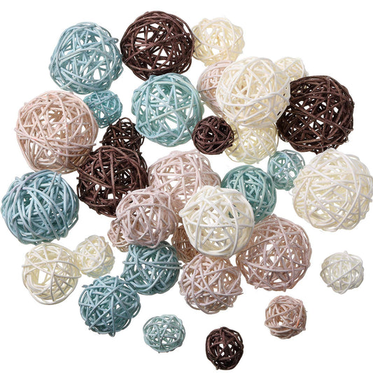 Patelai 36 Pcs Wicker Rattan Balls Decorative Balls for Vase Centerpiece Bowls Orbs Filler for Home Decor,4 Sizes(Blue, Light Brown, Dark Brown, White,2.4'',2'',1.6'',1.2'')