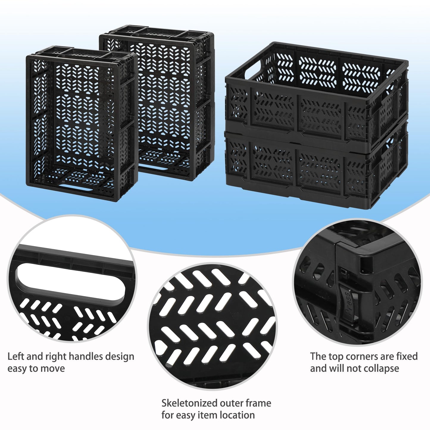 Senhoglb 4-Pack Collapsible Crate for Storage, 19L Folding Crate Plastic for Organizing Groceries Fruit with Handle, Collapsible Milk Crates for Home Office School Trunk, Black