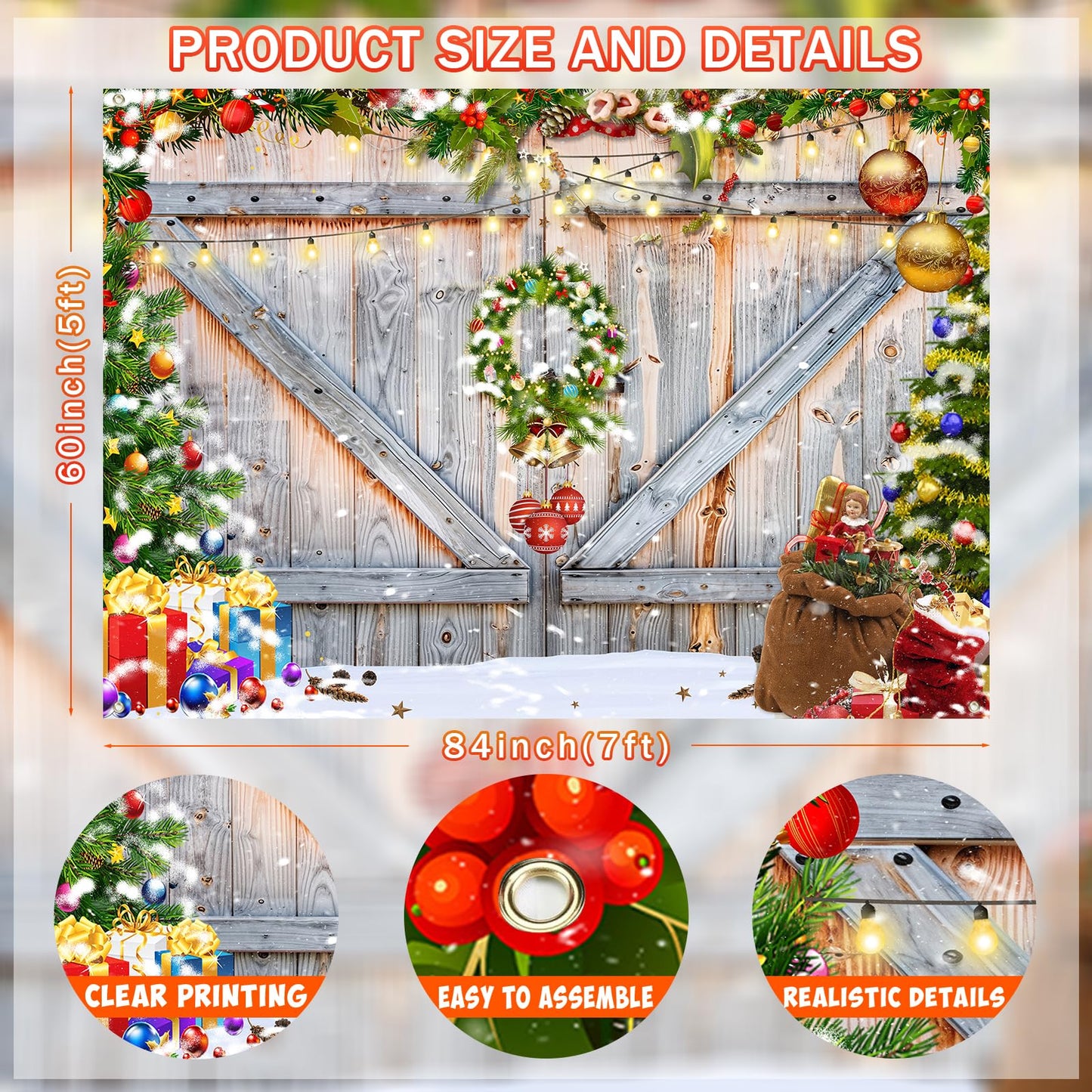 Christmas Photo Backdrop for Photography, Rustic Barn Wood Door Backdrops for Photoshoot, Xmas Tree Snow Red Gift Christmas Party Decorations 7x5ft